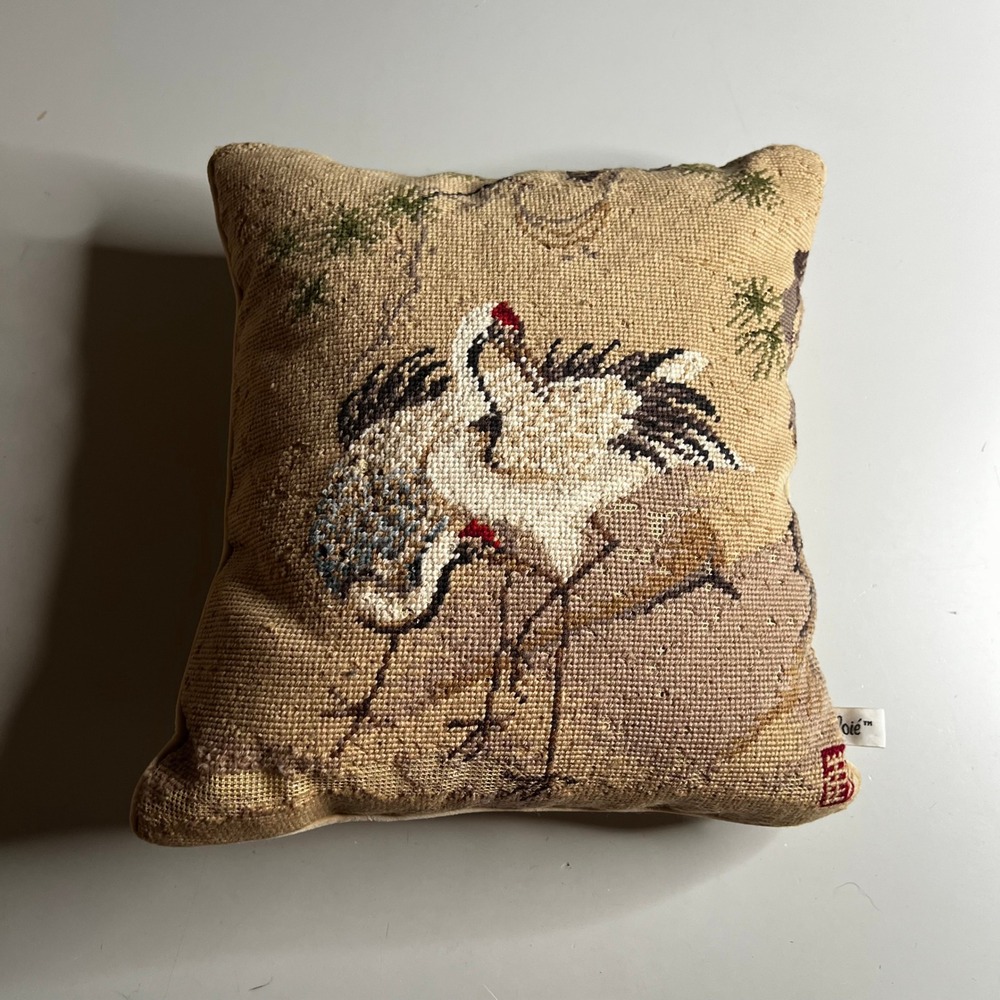 Loie Vintage Needlepoint Crane Bird Throw Pillow Velvet Back 10x10 Decorative